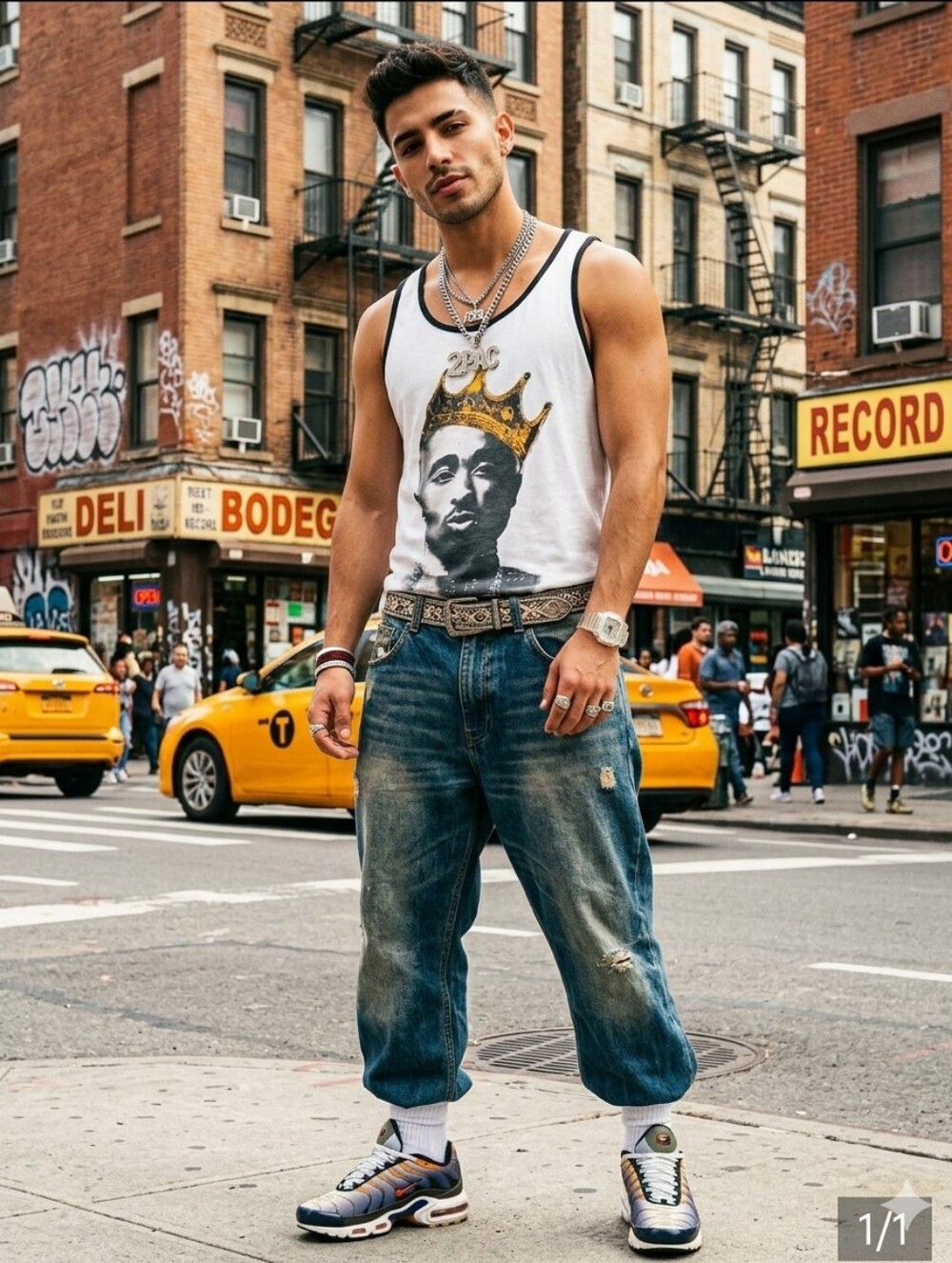 Tupac White Tank Top with Black Trim and Gold Crown Graphic